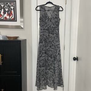 Calvin Klein Paisley Dress Sz 2 Black White Flowy Retro Boho Versatile